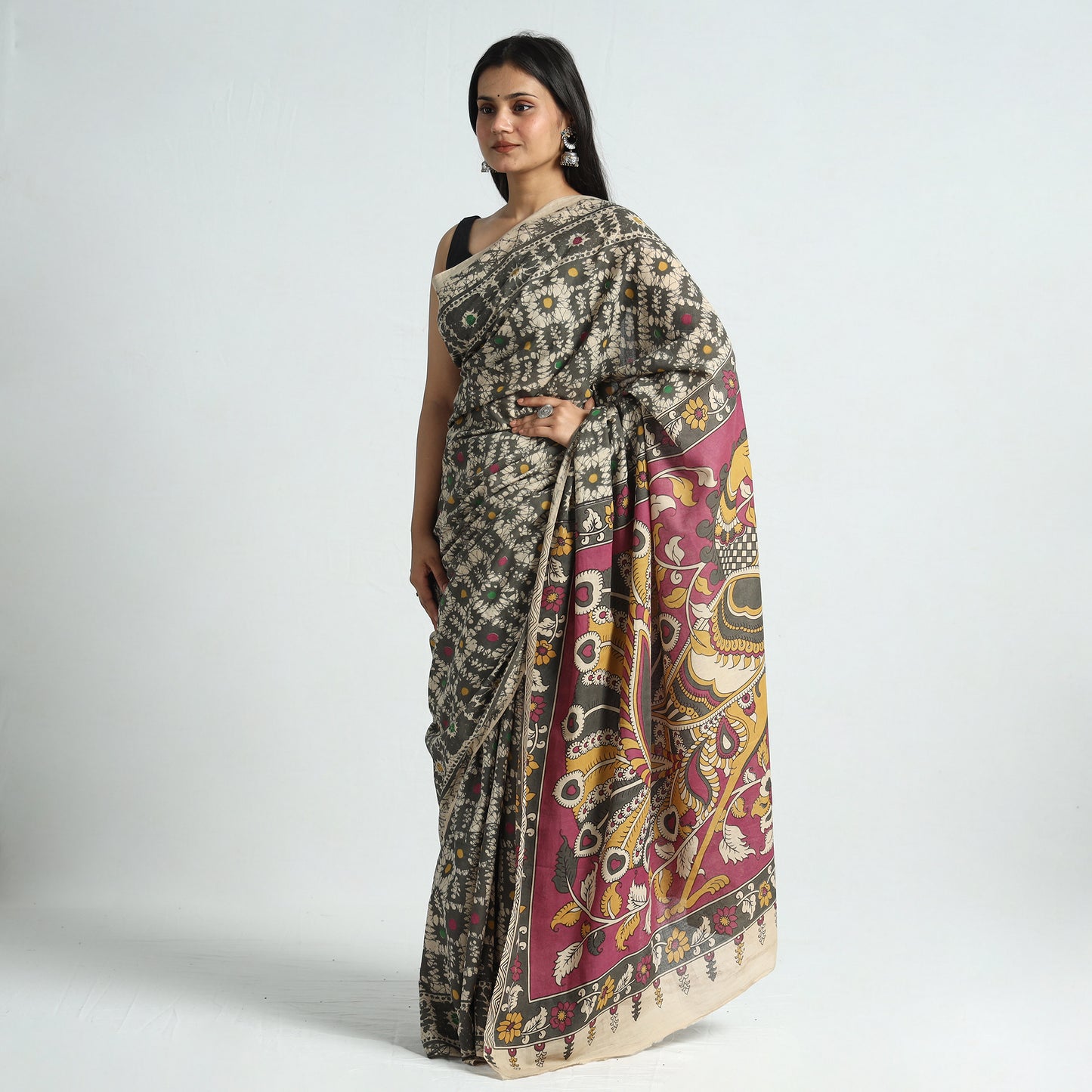 Multicolor - Kalamkari Printed Cotton Saree with Blouse Piece 07