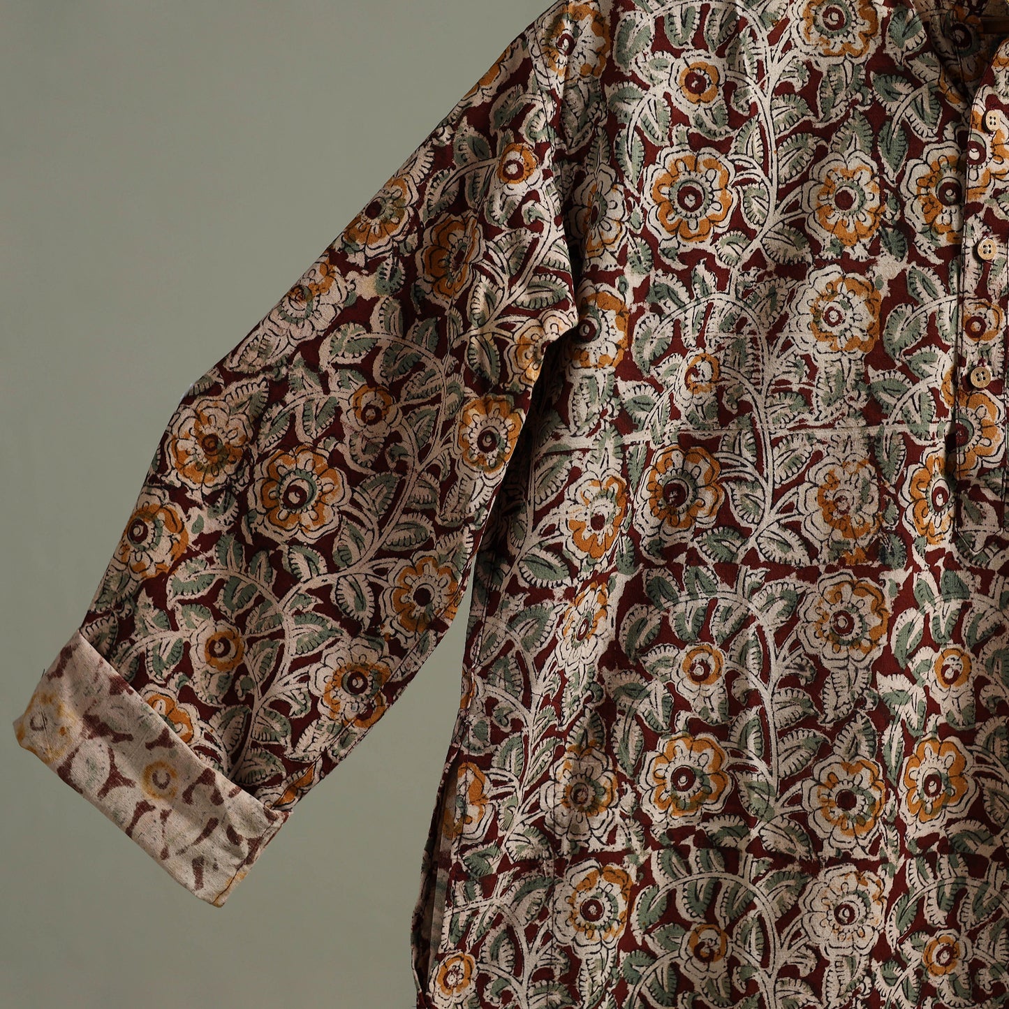 Hand Block Print Natural Dyed Cotton Long Kalamkari Kurta for Men 11