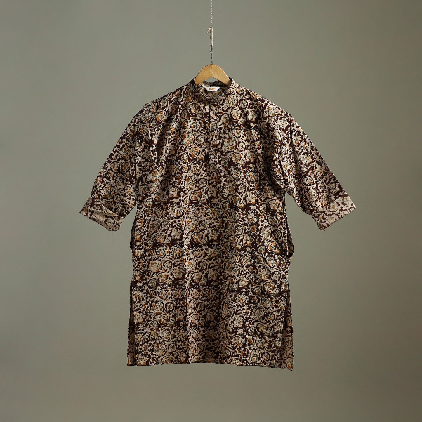 Hand Block Print Natural Dyed Cotton Long Kalamkari Kurta for Men 14