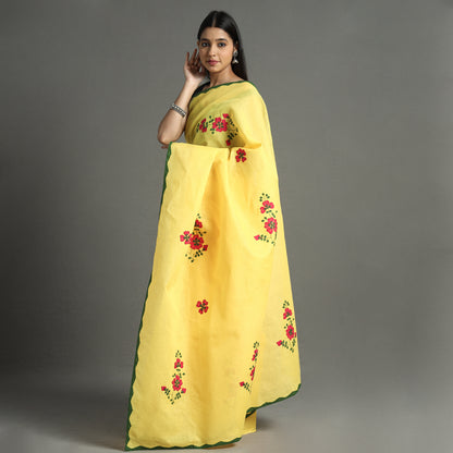 Yellow - Applique Patti Kaam Pure Cotton Saree from Rampur 08