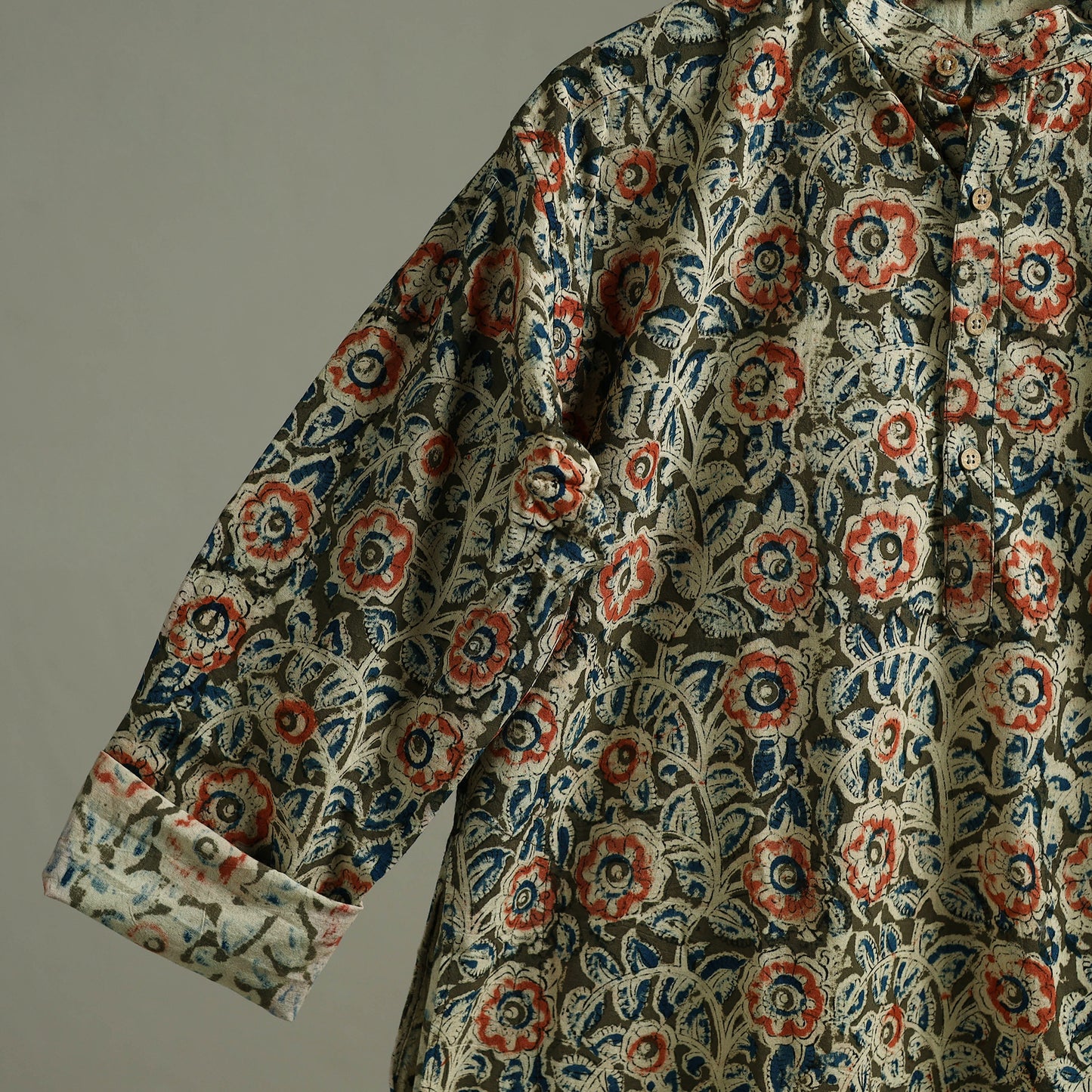 Hand Block Print Natural Dyed Cotton Long Kalamkari Kurta for Men 12