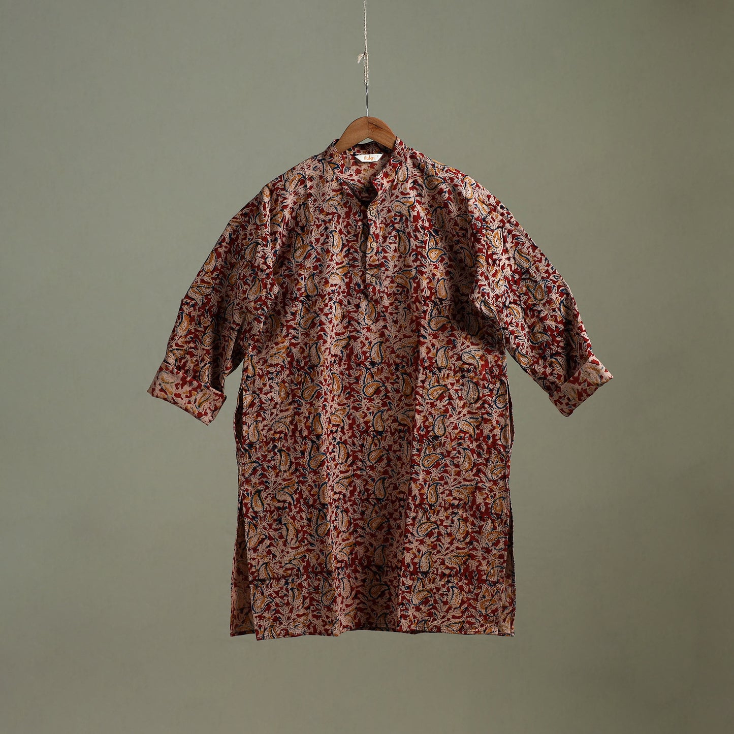 Hand Block Print Natural Dyed Cotton Long Kalamkari Kurta for Men 18