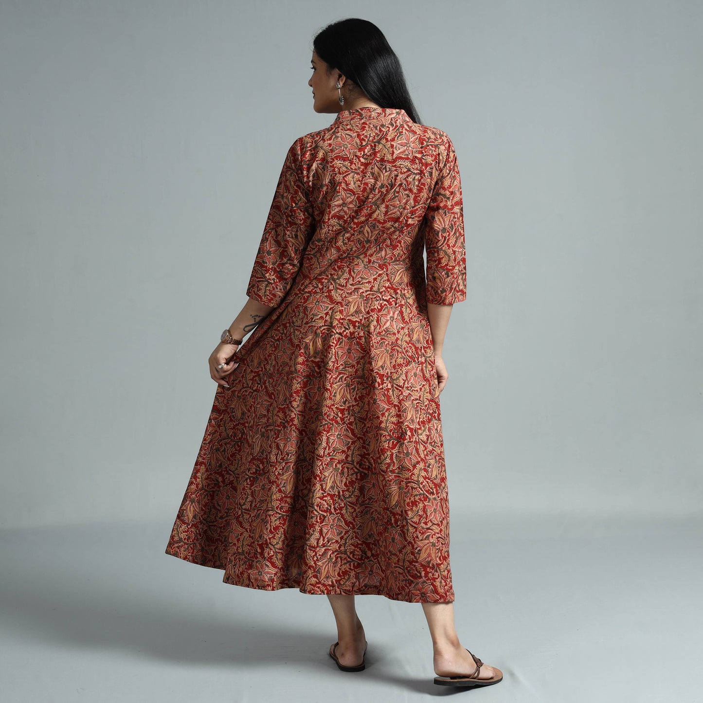 Red - Kalamkari Block Printed Cotton Flared Gher Dress
