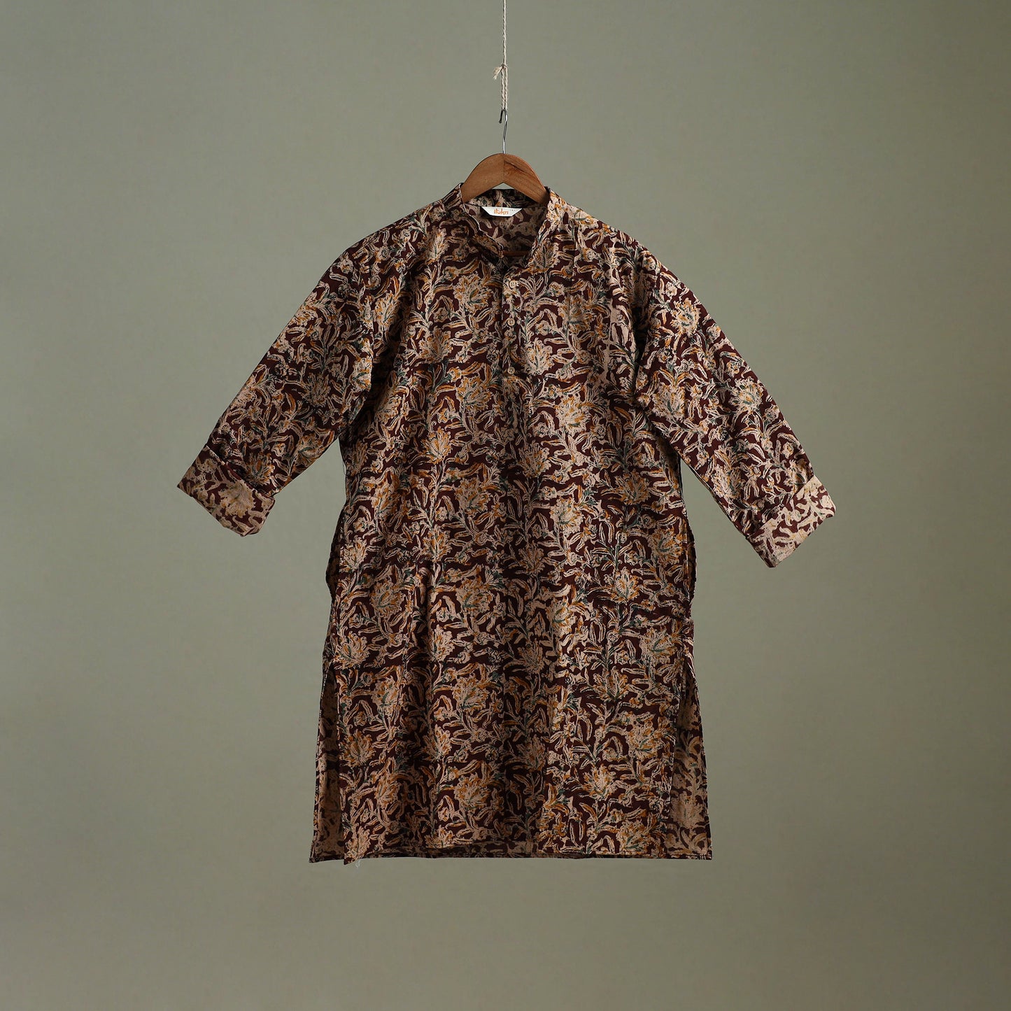 Hand Block Print Natural Dyed Cotton Long Kalamkari Kurta for Men 15