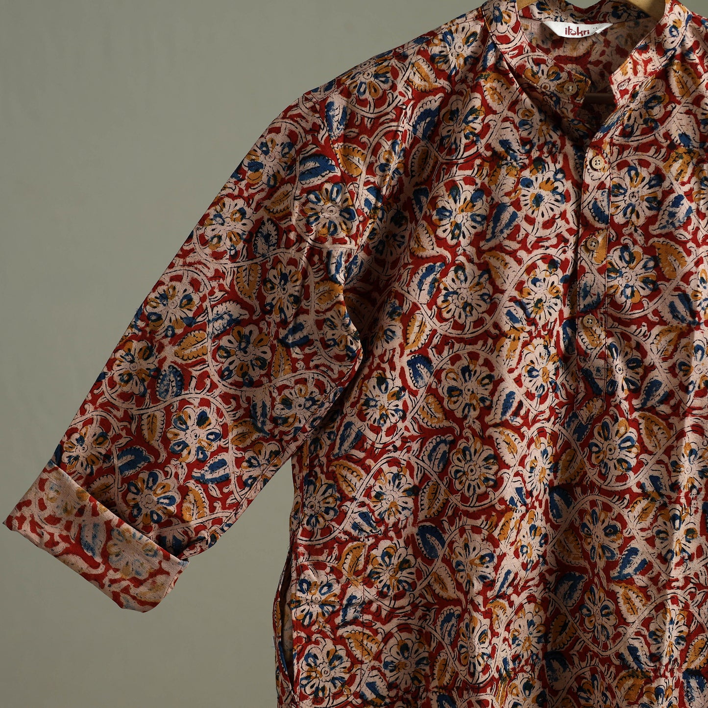 Hand Block Print Natural Dyed Cotton Long Kalamkari Kurta for Men 16