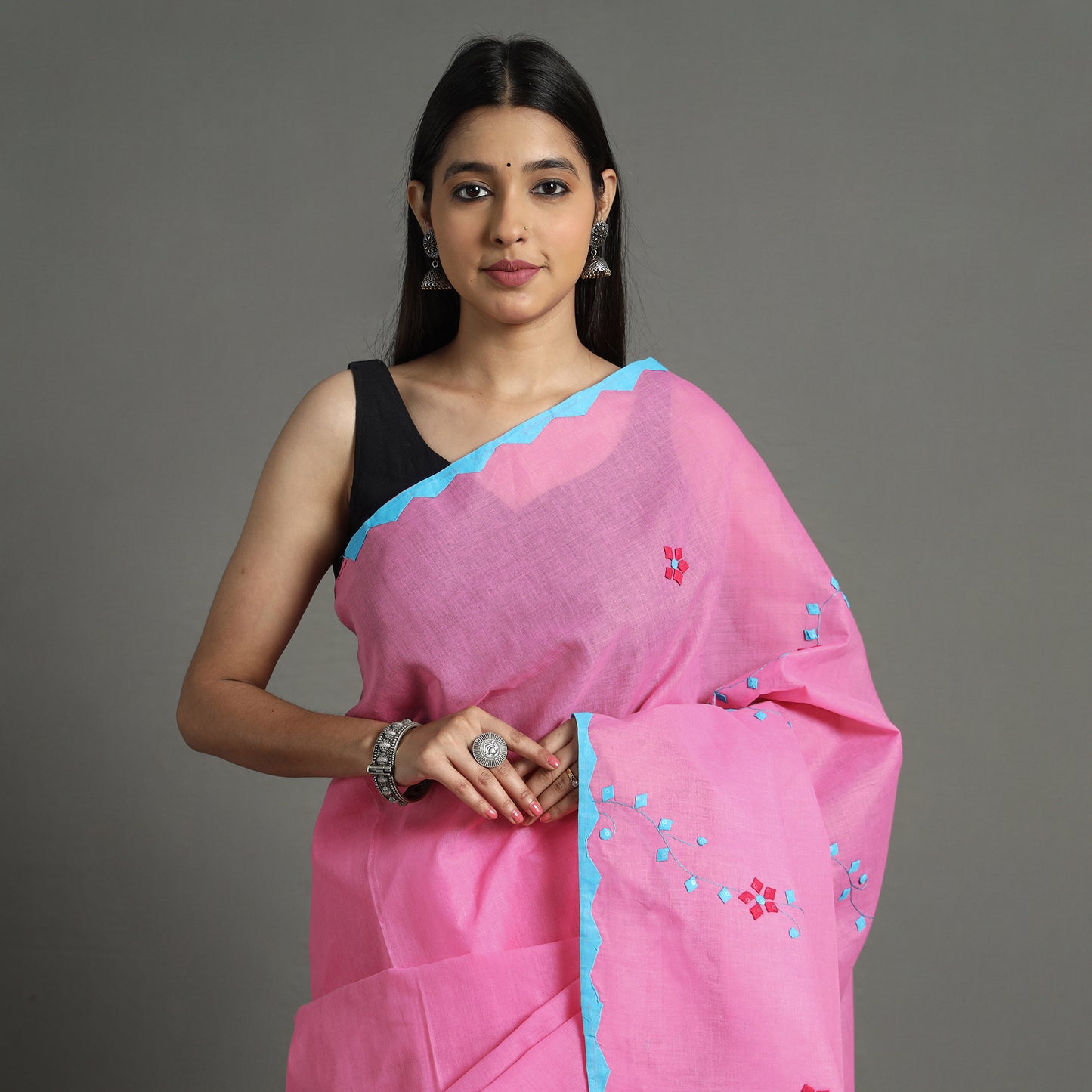 Pink - Applique Patti Kaam Pure Cotton Saree from Rampur 05