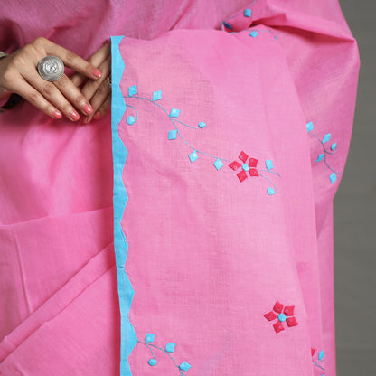Pink - Applique Patti Kaam Pure Cotton Saree from Rampur 05