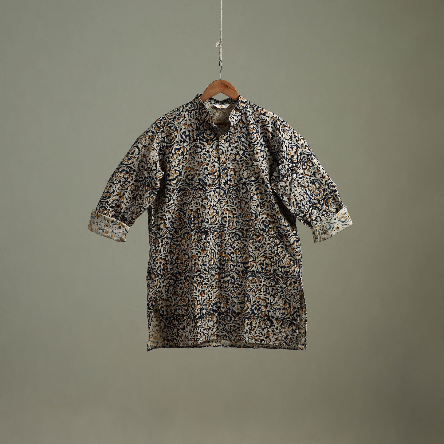 Hand Block Print Natural Dyed Cotton Short Kalamkari Kurta for Men 04
