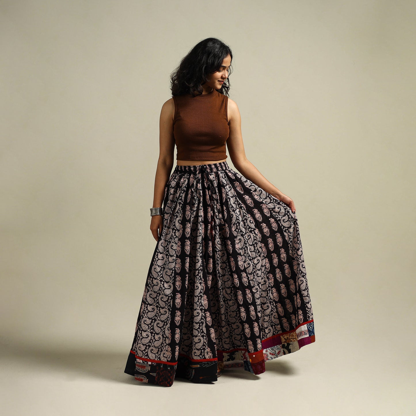Bagh Hand Block Print 24 Kali Patchwork Cotton Long Skirt 24