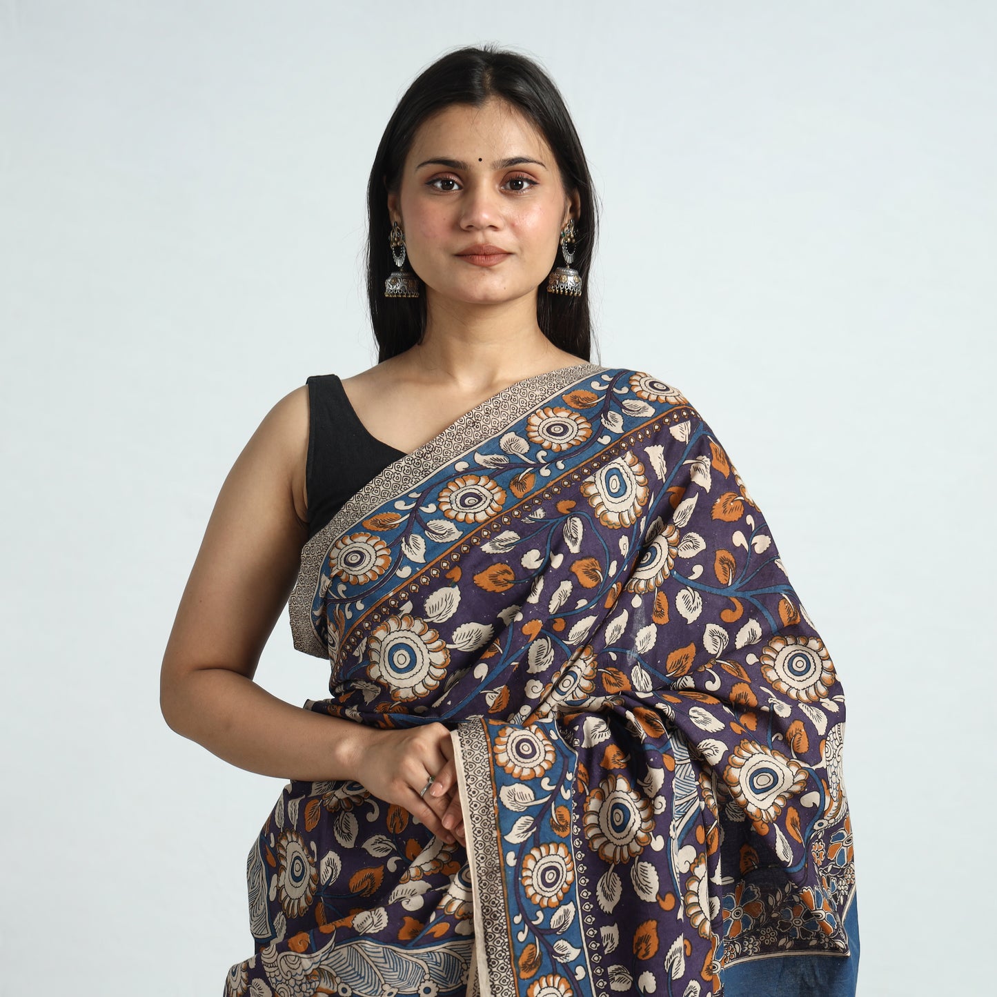 Purple - Kalamkari Printed Cotton Saree with Blouse Piece 13
