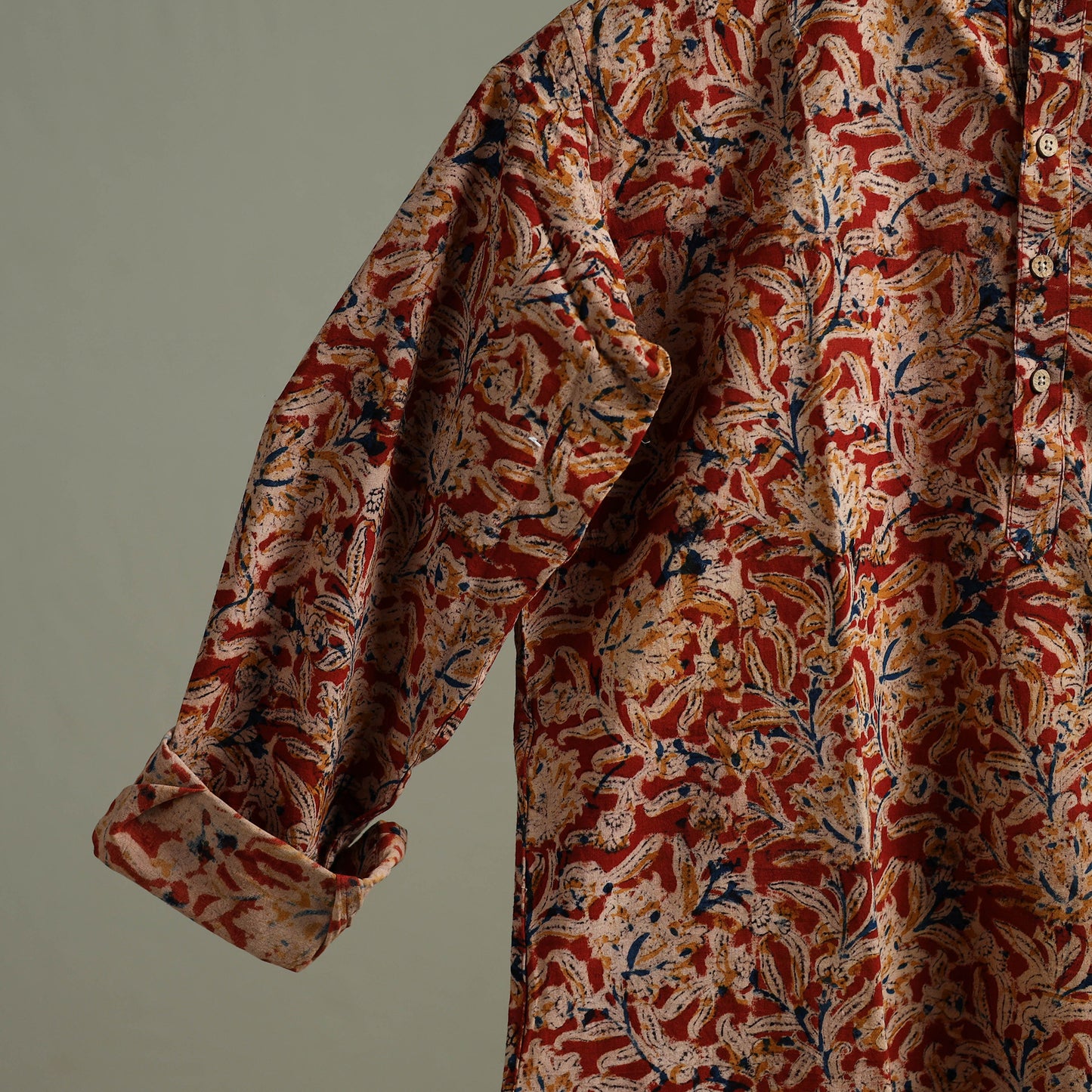 Hand Block Print Natural Dyed Cotton Short Kalamkari Kurta for Men 05
