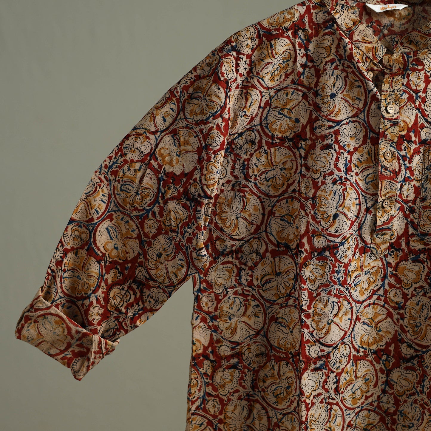 Hand Block Print Natural Dyed Cotton Short Kalamkari Kurta for Men 09