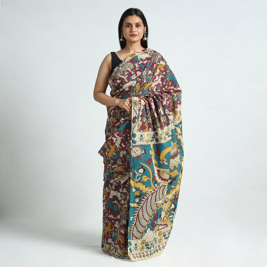Maroon - Kalamkari Printed Cotton Saree with Blouse Piece 15