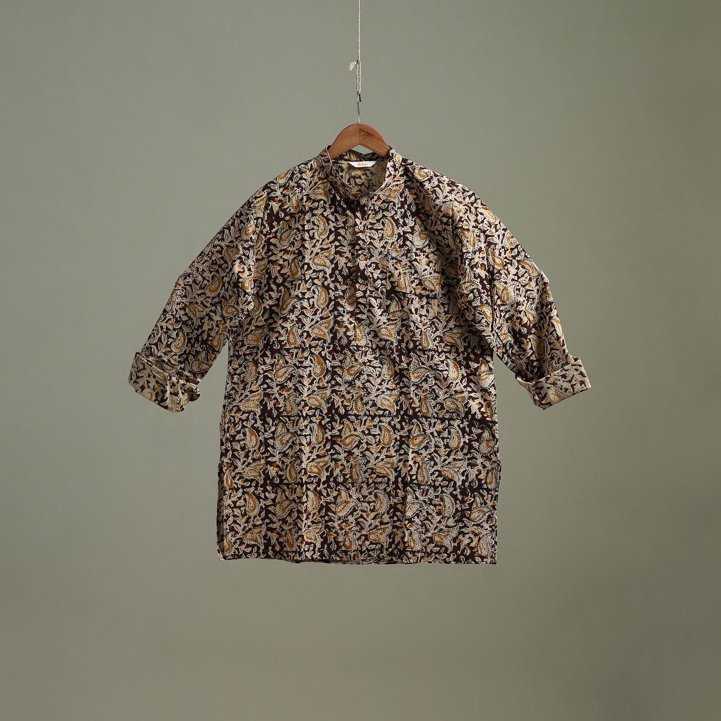 Hand Block Print Natural Dyed Cotton Short Kalamkari Kurta for Men 08