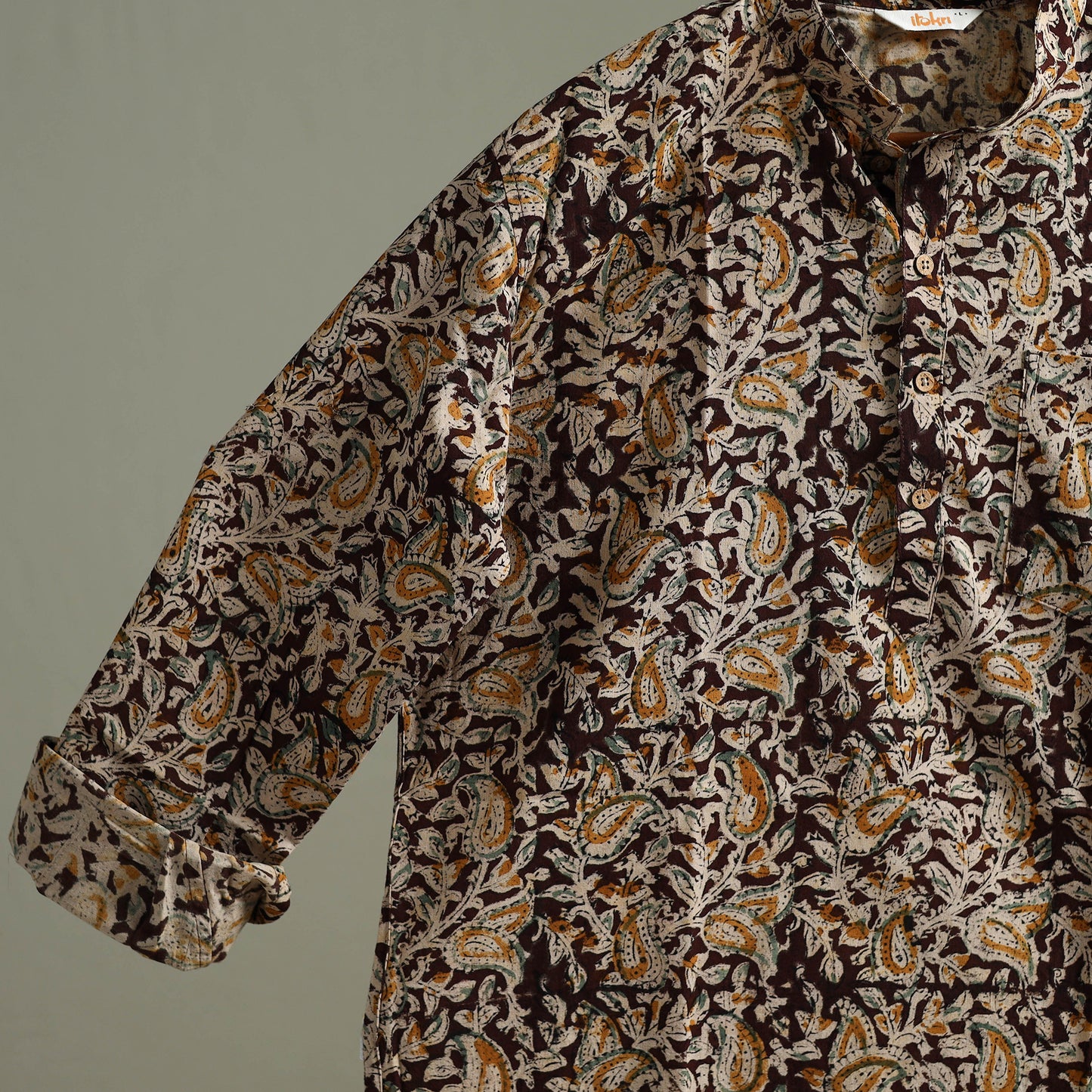 Hand Block Print Natural Dyed Cotton Short Kalamkari Kurta for Men 08