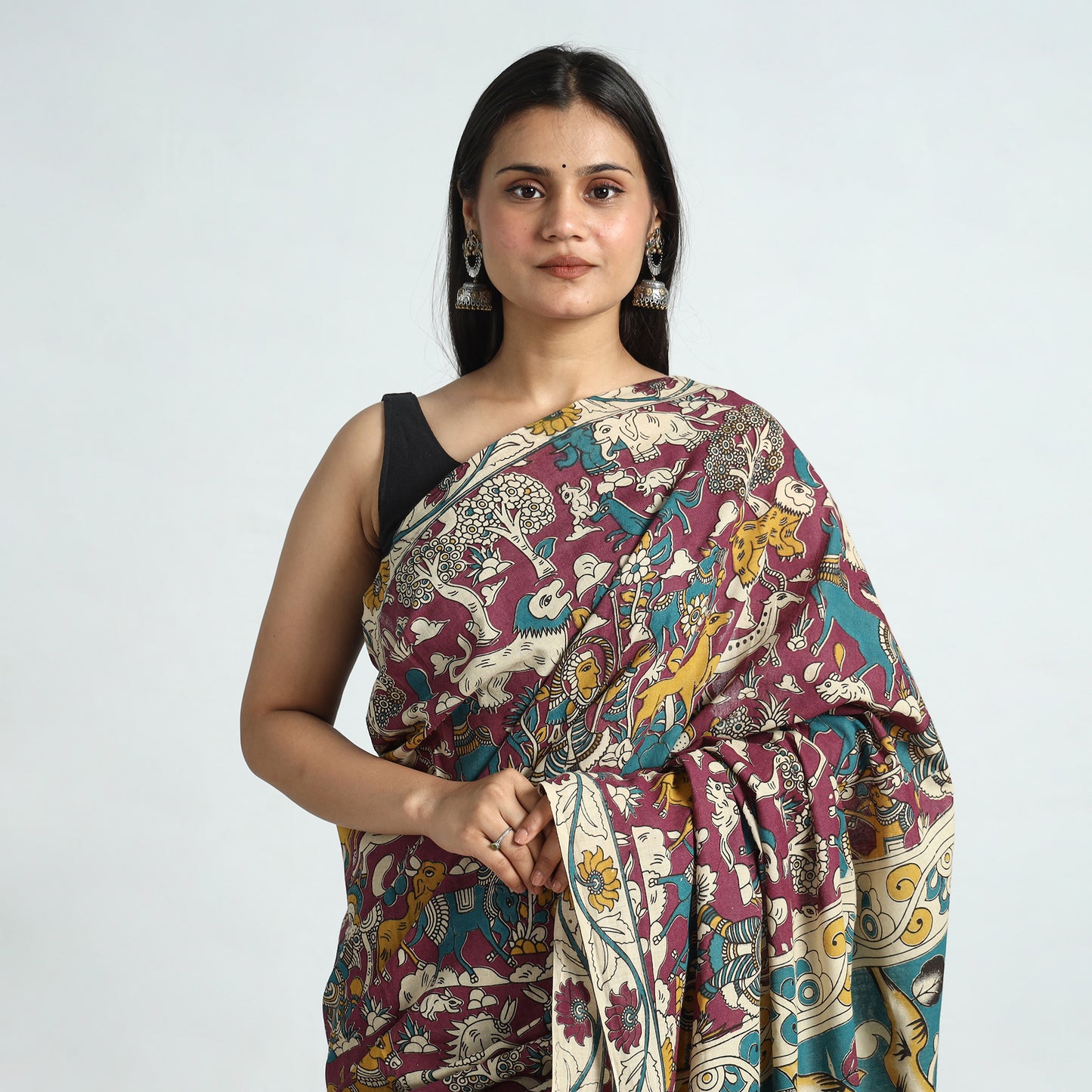 Maroon - Kalamkari Printed Cotton Saree with Blouse Piece 15