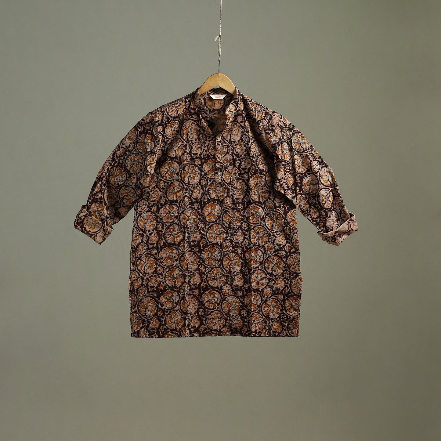 Hand Block Print Natural Dyed Cotton Short Kalamkari Kurta for Men 10