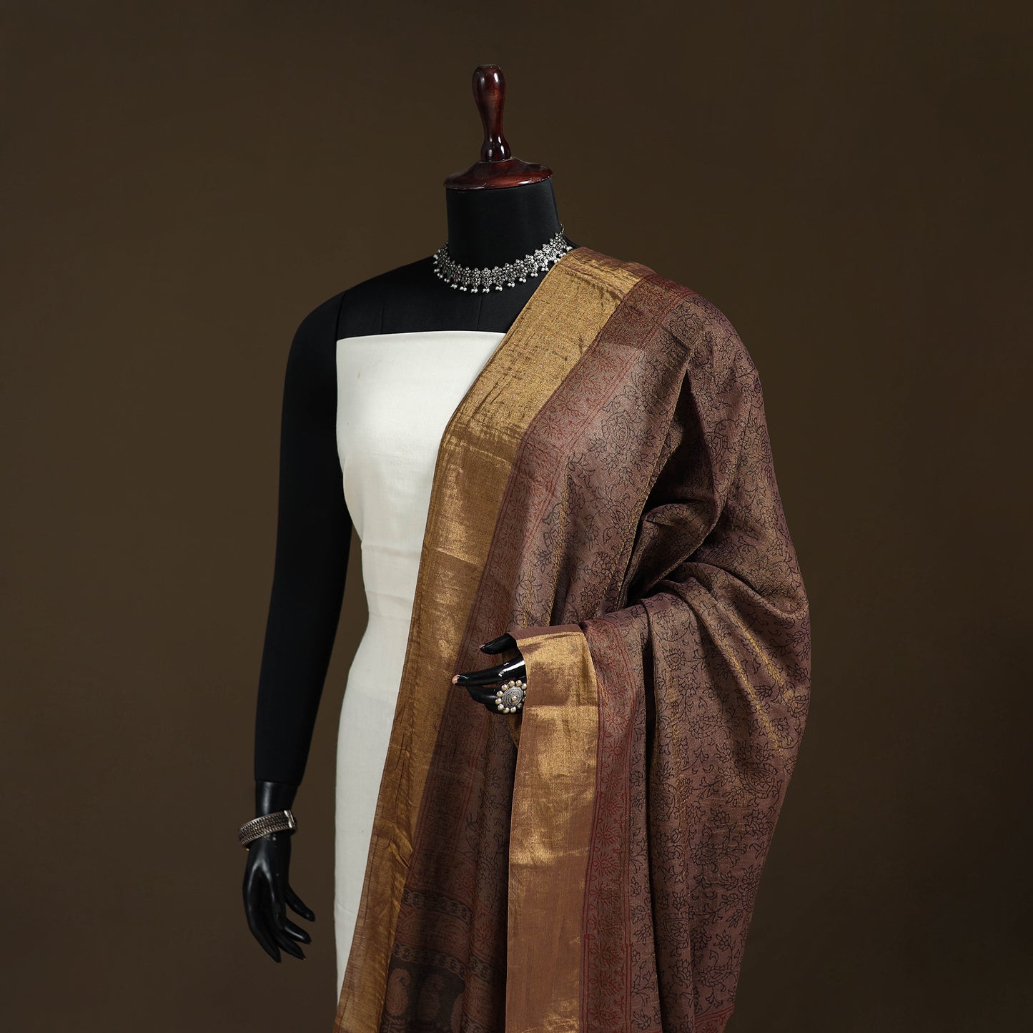 Bagh Hand Block Print Natural Dyed Tissue Zari Chanderi Silk Dupatta 01