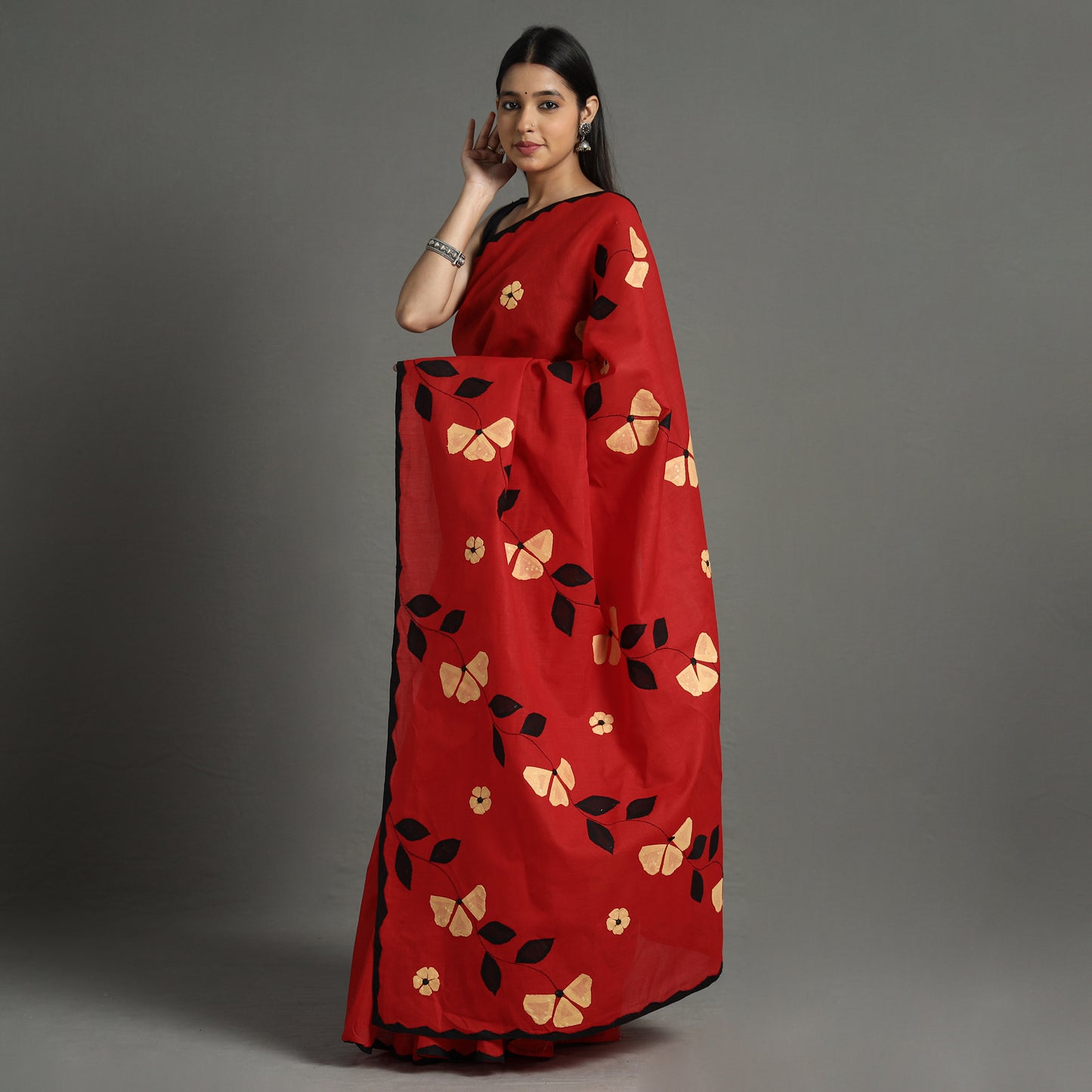 Red - Applique Patti Kaam Pure Cotton Saree from Rampur 16