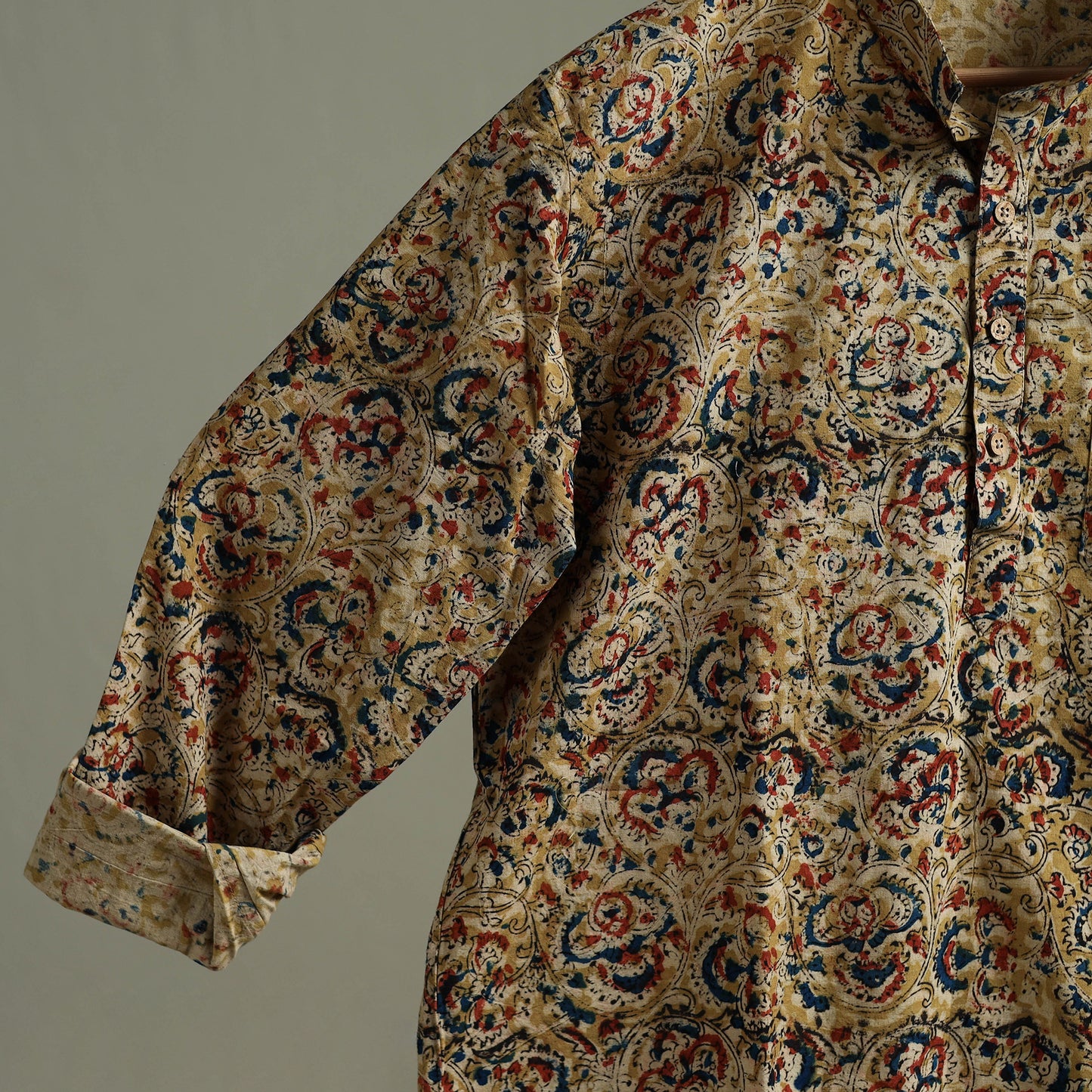 Hand Block Print Natural Dyed Cotton Short Kalamkari Kurta for Men 02