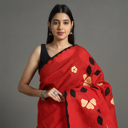 Red - Applique Patti Kaam Pure Cotton Saree from Rampur 16