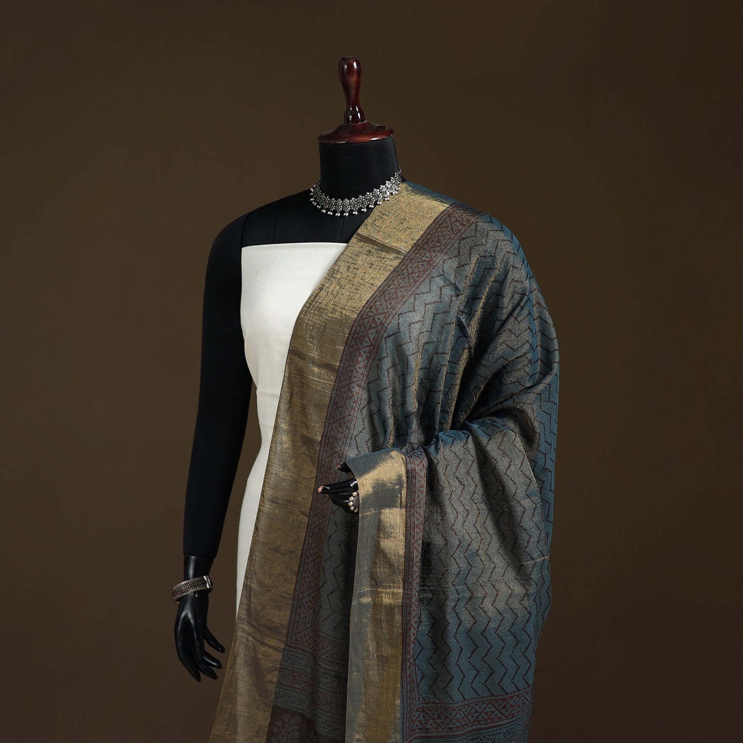Bagh Hand Block Print Natural Dyed Tissue Zari Chanderi Silk Dupatta 02