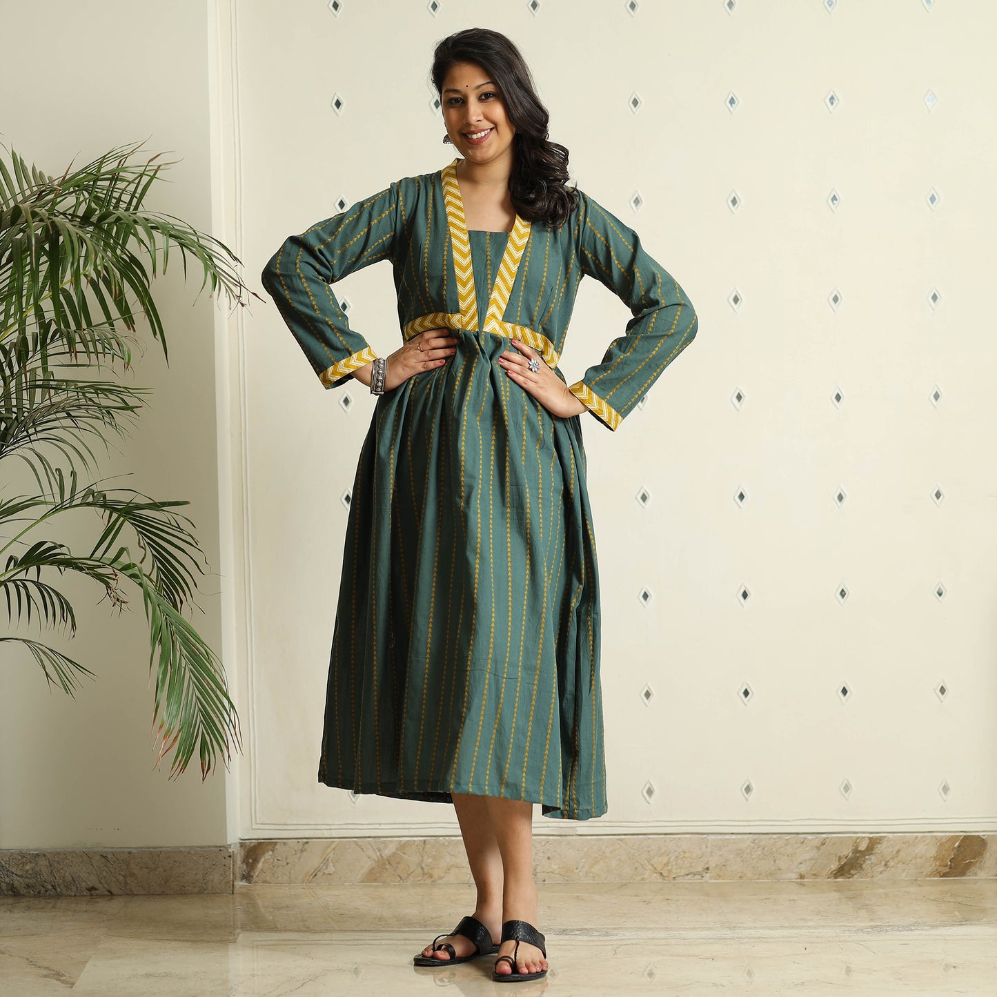 Dark Green - Jacquard Cotton Flared Gher Dress
