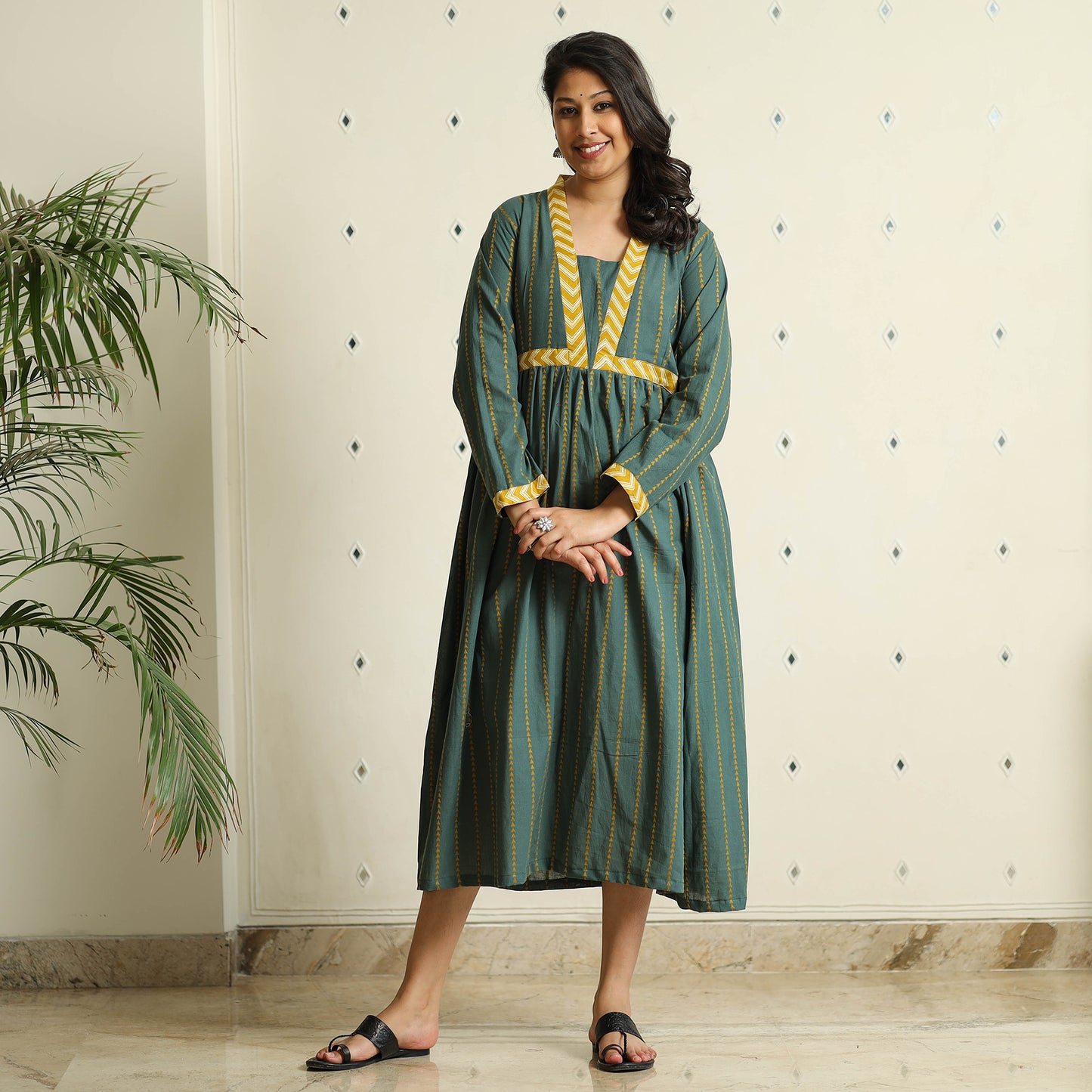 Dark Green - Jacquard Cotton Flared Gher Dress