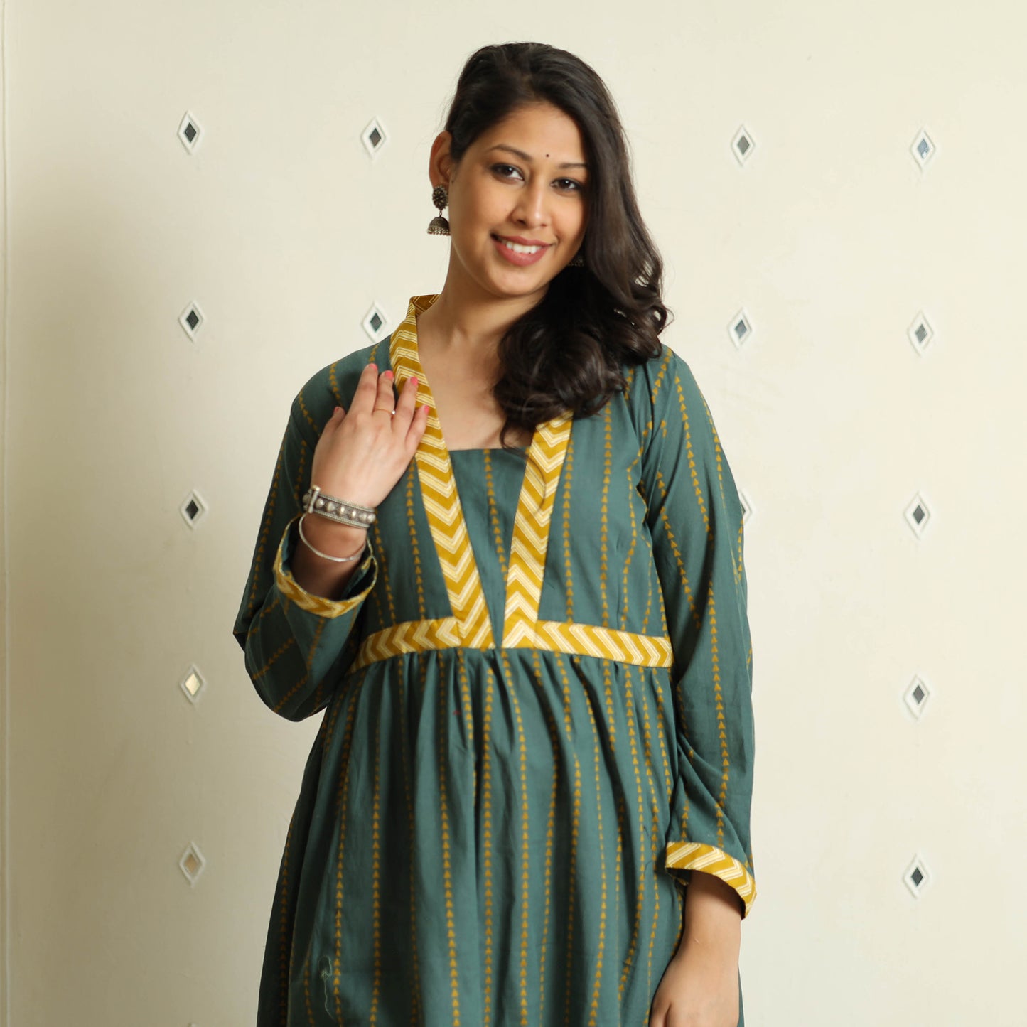 Dark Green - Jacquard Cotton Flared Gher Dress