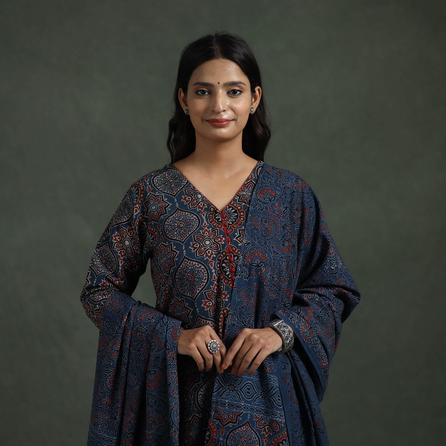 Ajrakh Hand Block Print Natural Dyed Cotton Suit Set with Dupatta for women 06