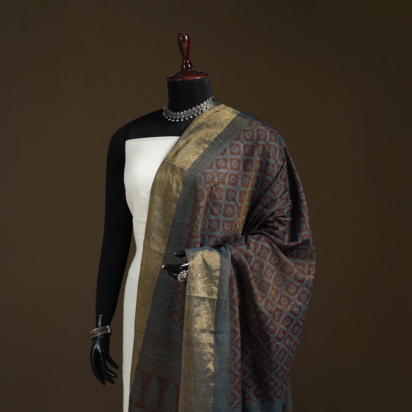 Bagh Hand Block Print Natural Dyed Tissue Zari Chanderi Silk Dupatta 04