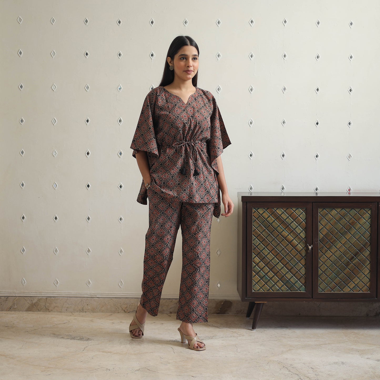 Brown - printed cotton kaftan co-ord set 09 - handcrafted