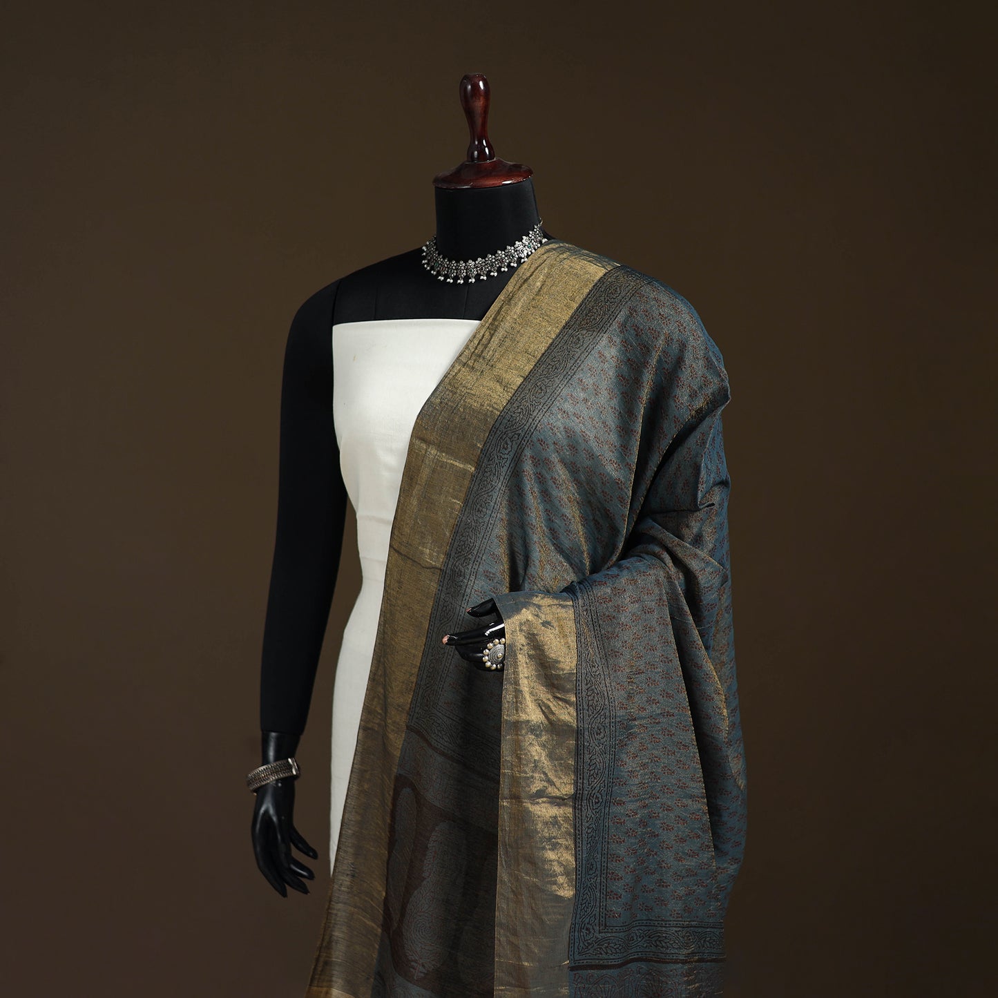 Bagh Hand Block Print Natural Dyed Tissue Zari Chanderi Silk Dupatta 05