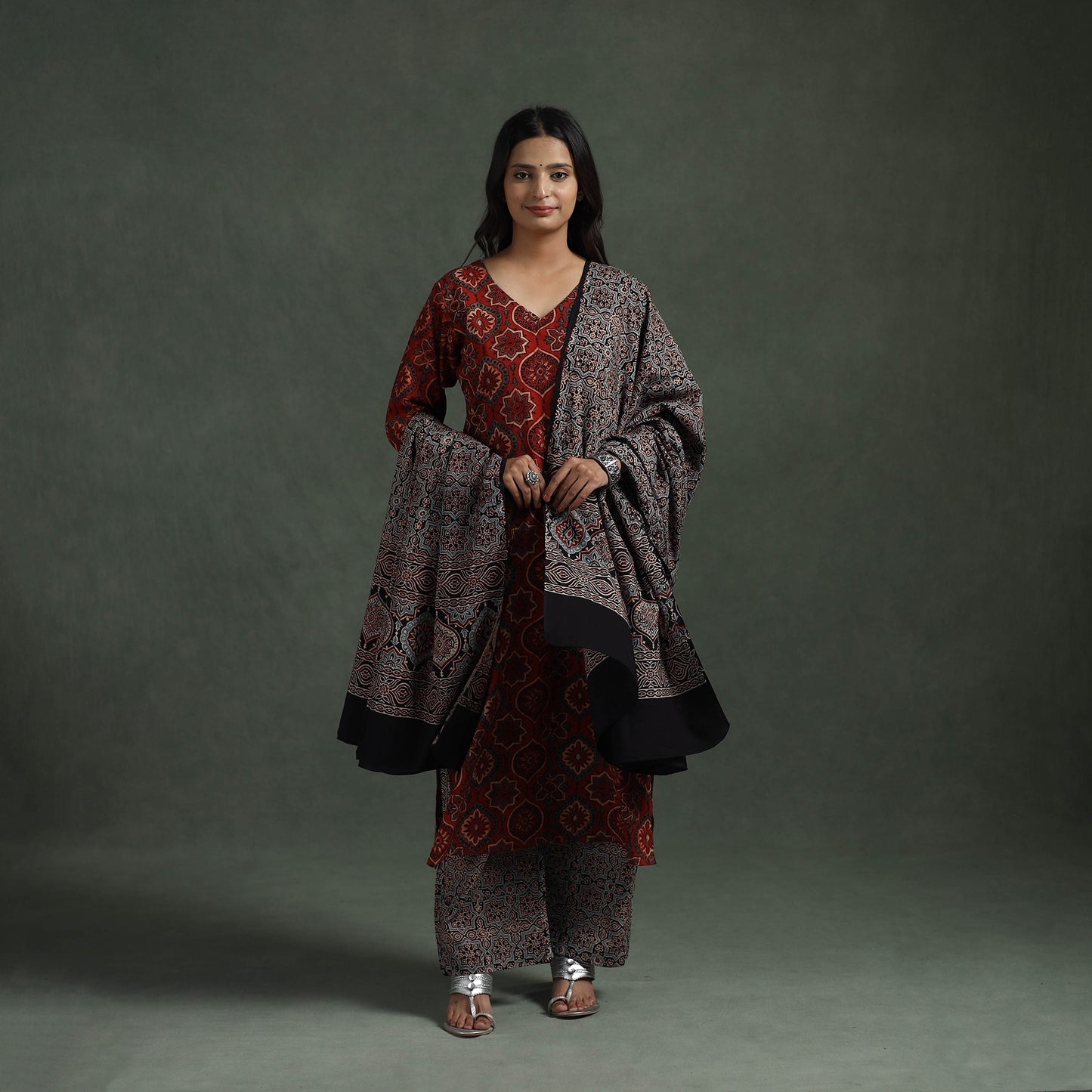 Ajrakh Hand Block Print Natural Dyed Cotton Suit Set with Dupatta for women 01