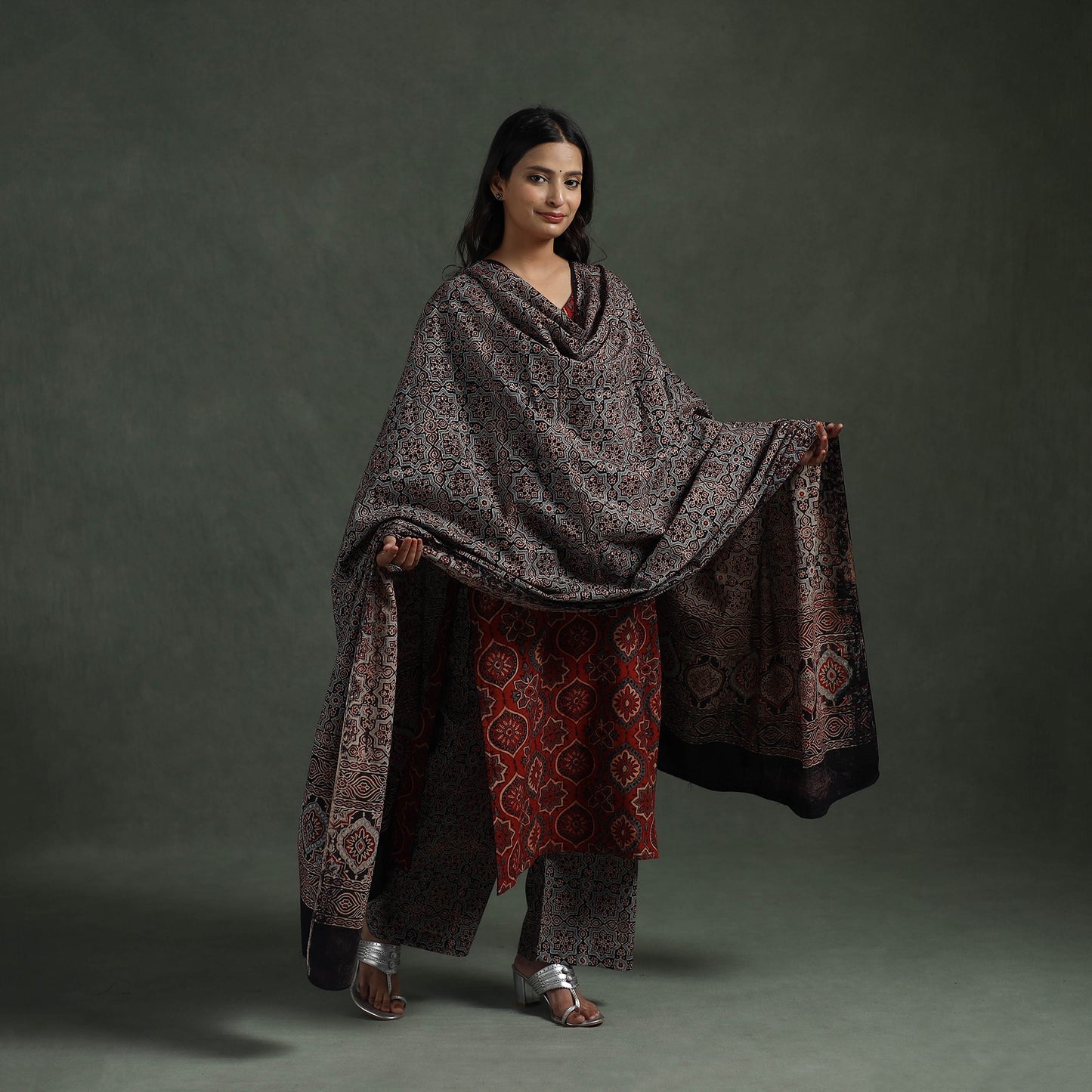 Ajrakh Hand Block Print Natural Dyed Cotton Suit Set with Dupatta for women 01