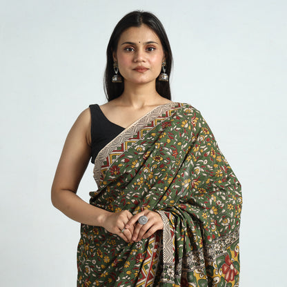 Green - Kalamkari Printed Cotton Saree with Blouse Piece 19