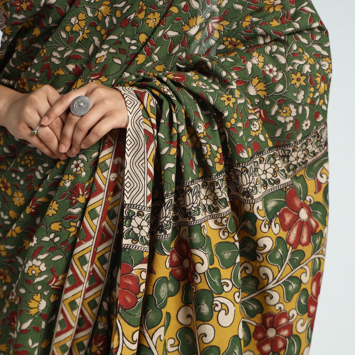 Green - Kalamkari Printed Cotton Saree with Blouse Piece 19