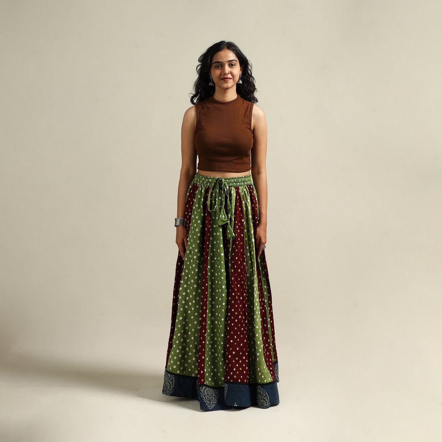 Multicolor - Bandhani Tie-Dye 24 Kali Patchwork Cotton Long Skirt 05
