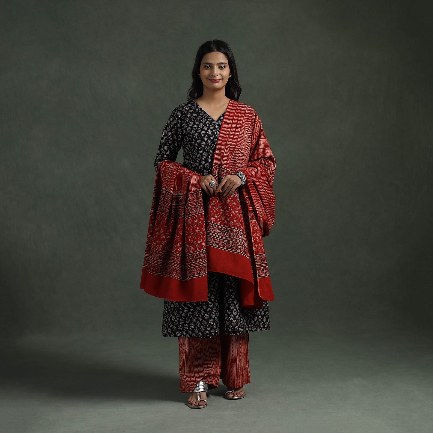 Ajrakh Hand Block Print Natural Dyed Cotton Suit Set with Dupatta for women 05