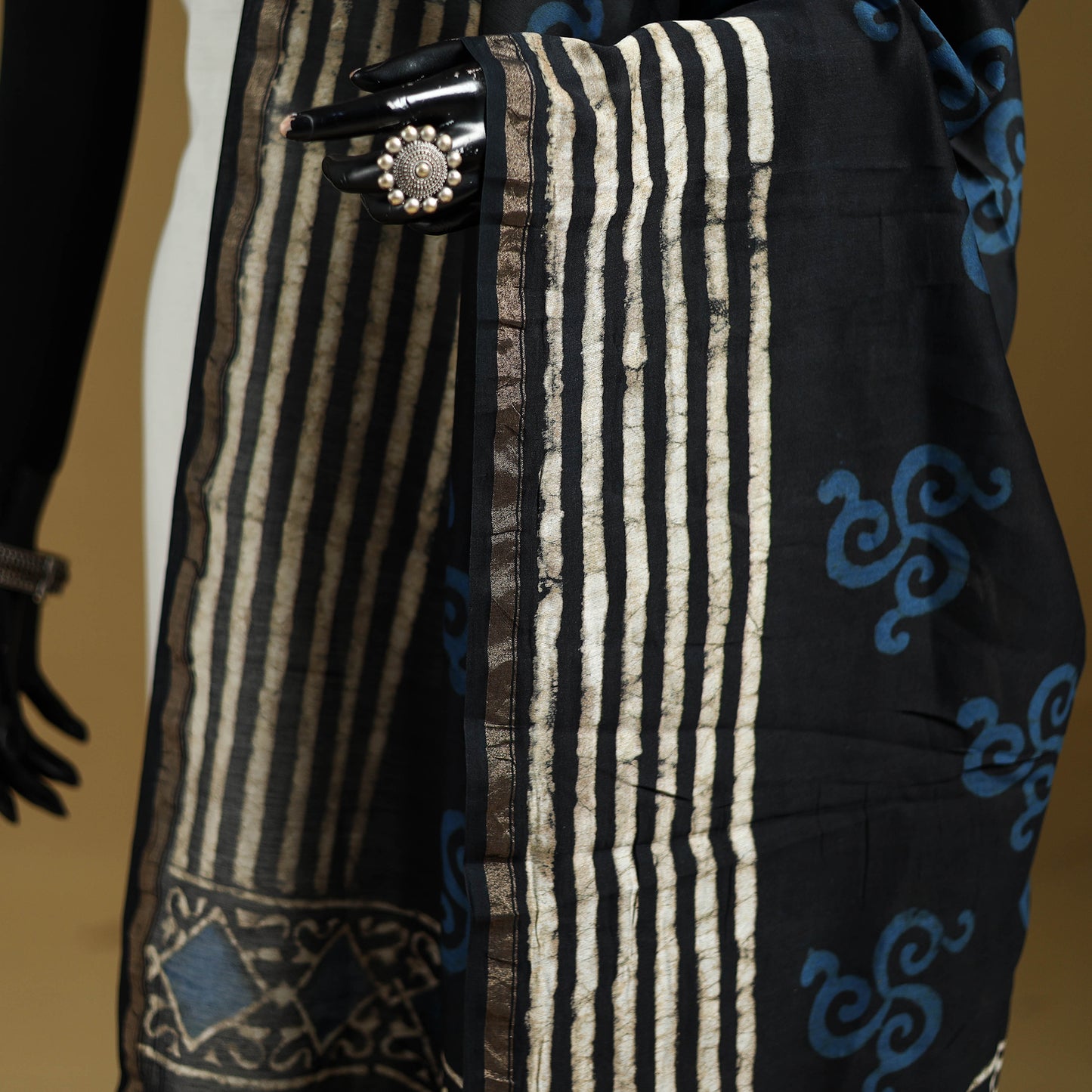 Black - Pipad Hand Block Print Natural Dyed Chanderi Silk Handloom Dupatta 32