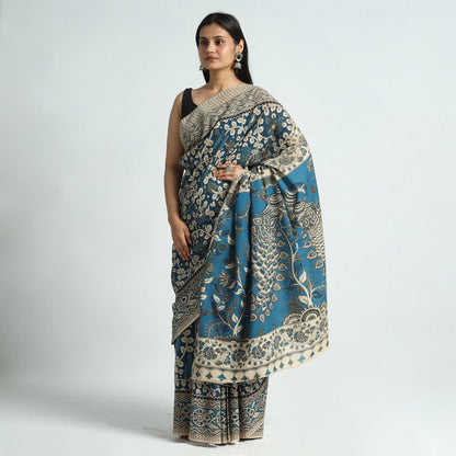 Blue - Kalamkari Printed Cotton Saree with Blouse Piece 20