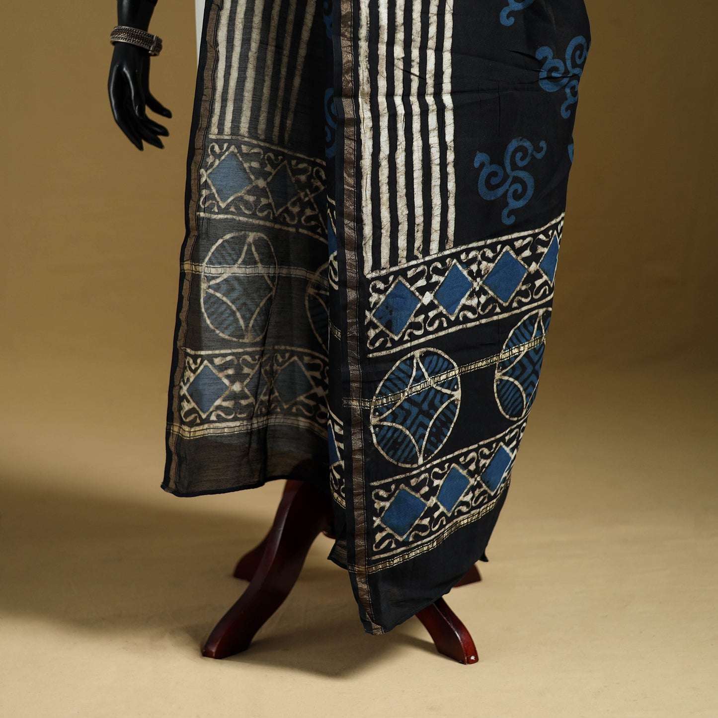 Black - Pipad Hand Block Print Natural Dyed Chanderi Silk Handloom Dupatta 32