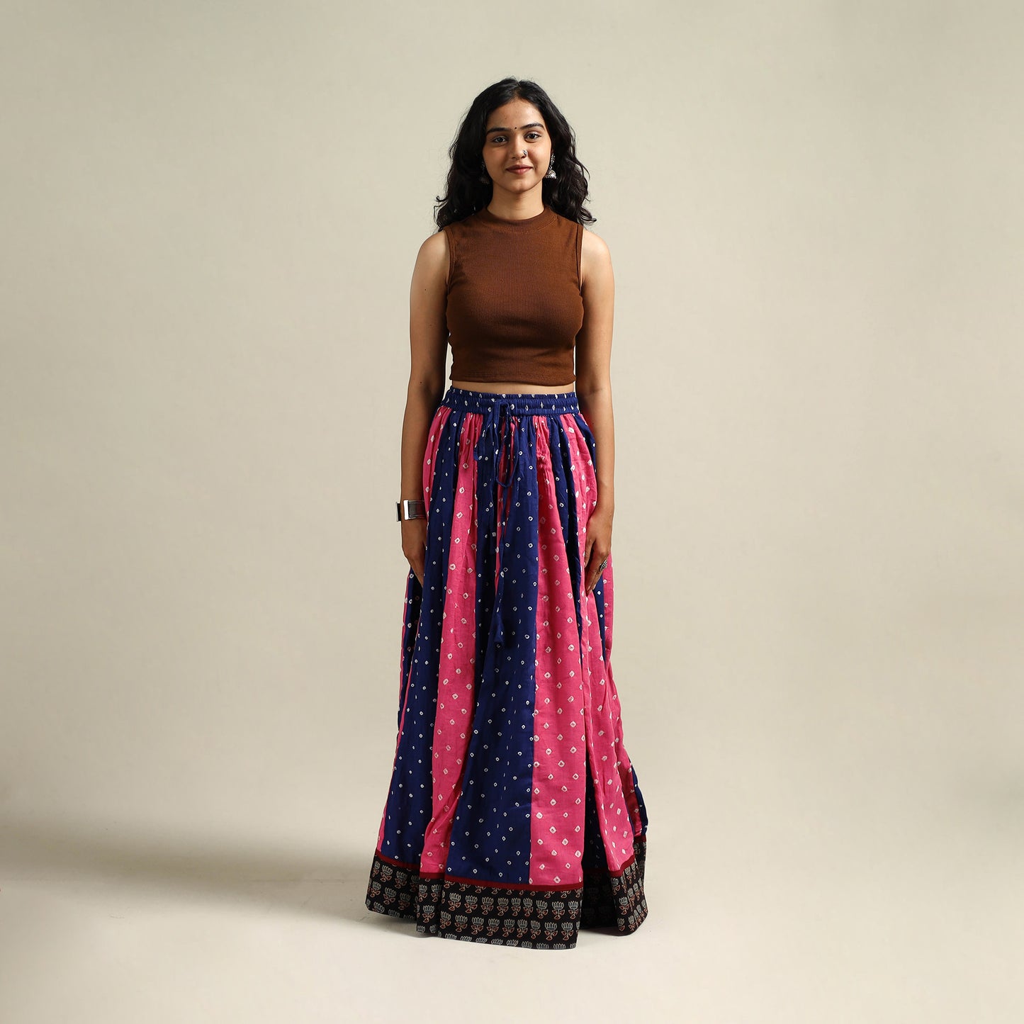 Multicolor - Bandhani Tie-Dye 24 Kali Patchwork Cotton Long Skirt 06