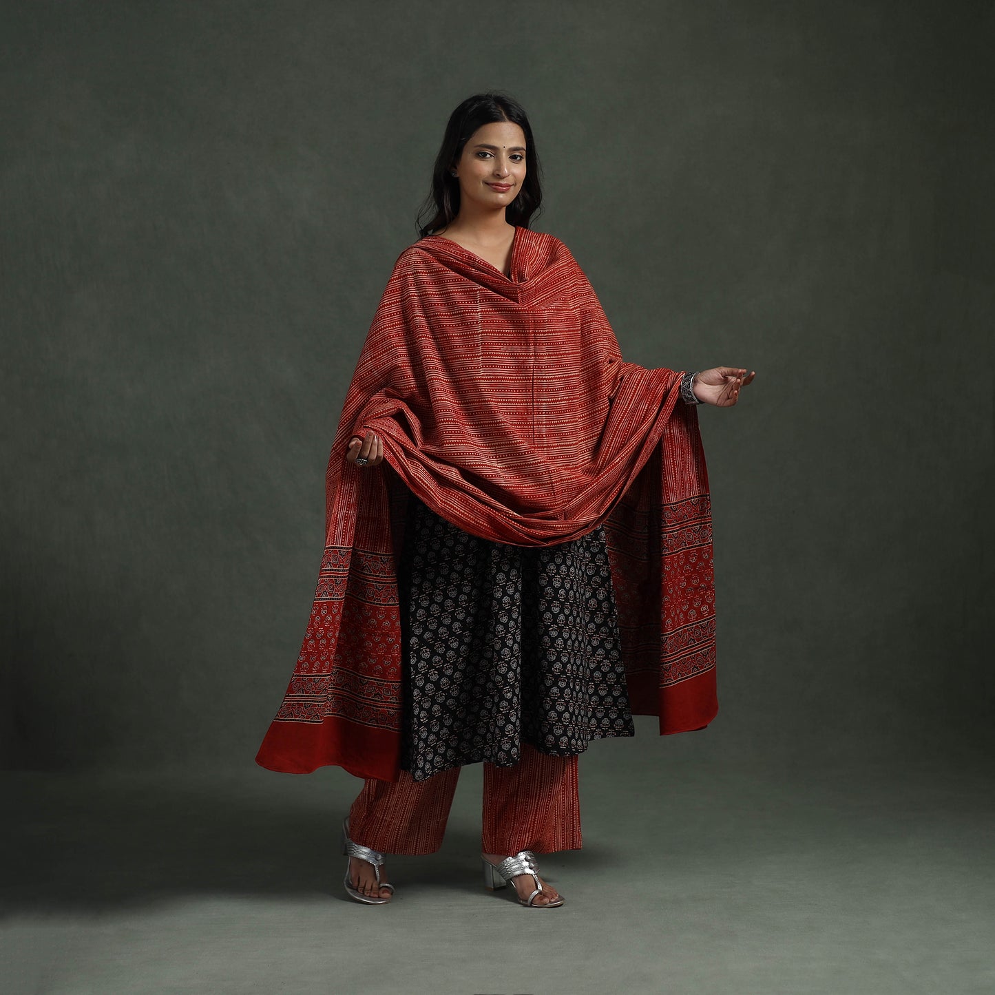 Ajrakh Hand Block Print Natural Dyed Cotton Suit Set with Dupatta for women 05