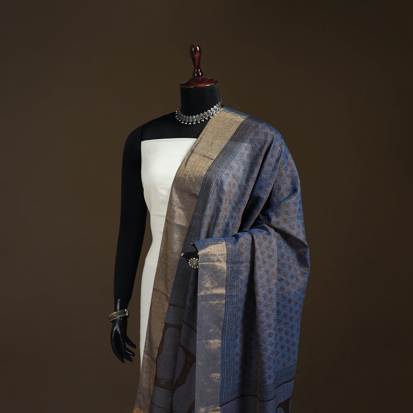 Bagh Hand Block Print Natural Dyed Tissue Zari Chanderi Silk Dupatta 08