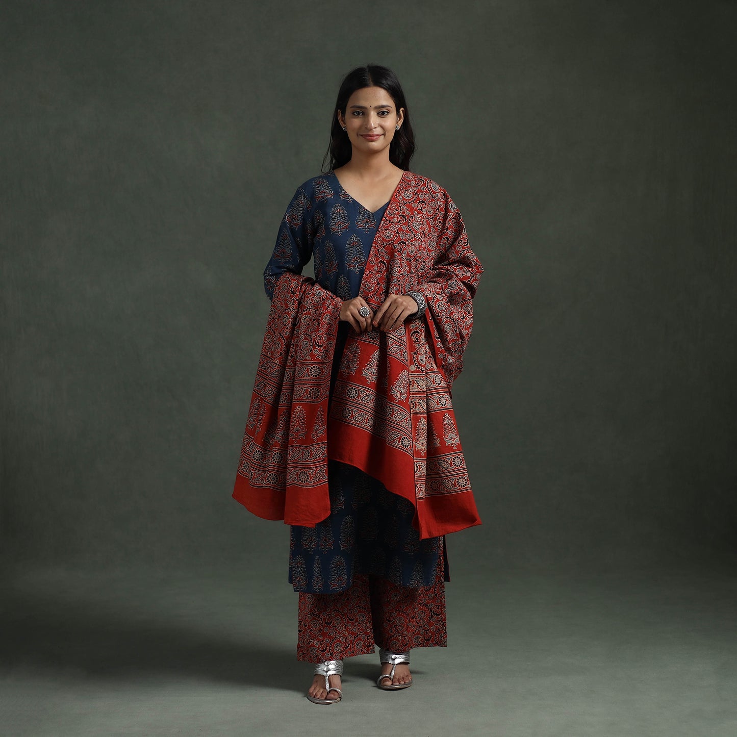 Ajrakh Hand Block Print Natural Dyed Cotton Suit Set with Dupatta for women 03