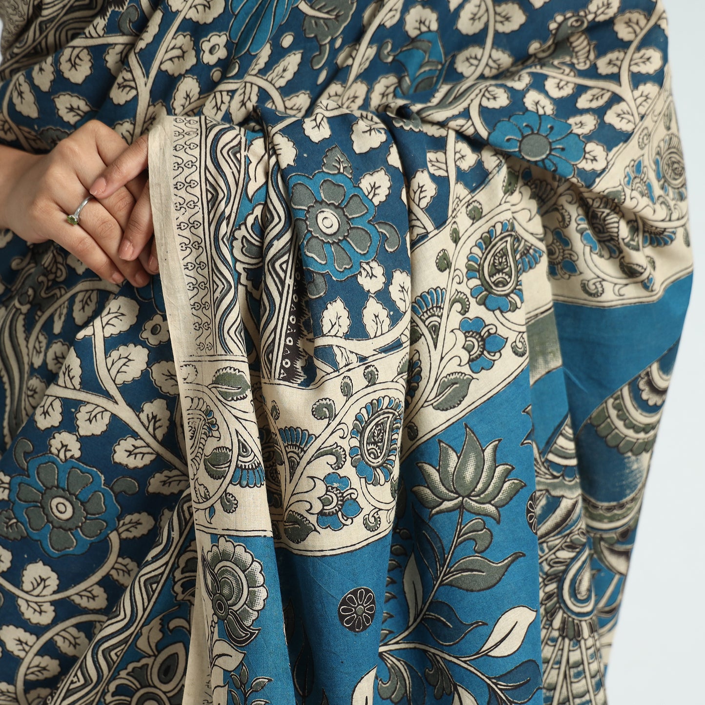 Blue - Kalamkari Printed Cotton Saree with Blouse Piece 20
