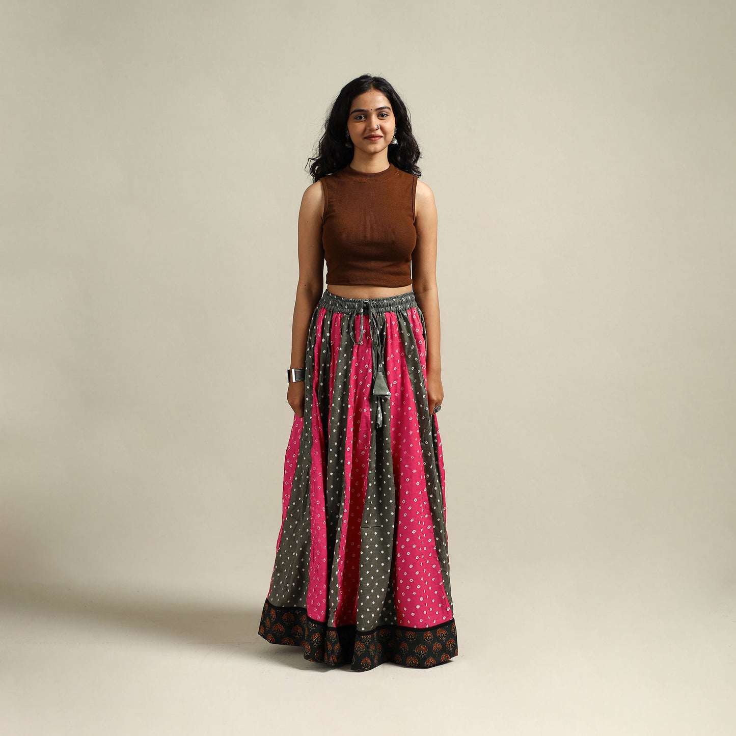 Multicolor - Bandhani Tie-Dye 24 Kali Patchwork Cotton Long Skirt 07