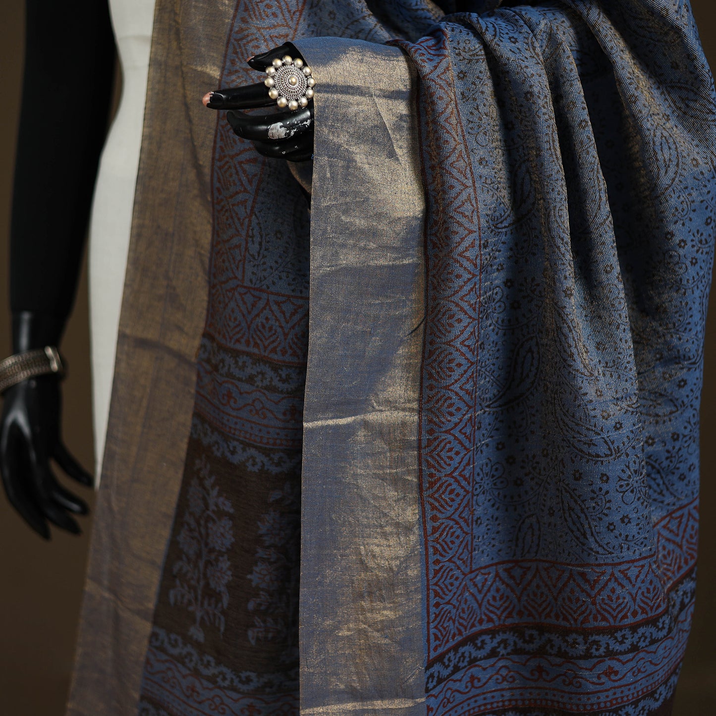 Bagh Hand Block Print Natural Dyed Tissue Zari Chanderi Silk Dupatta 09