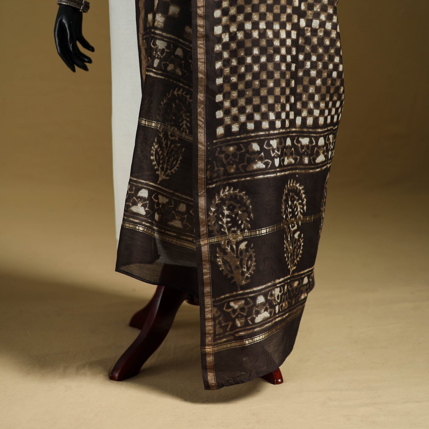 Brown - Pipad Hand Block Print Natural Dyed Chanderi Silk Handloom Dupatta 02